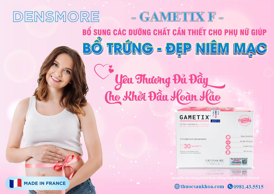 Gametix F của Pháp bổ sung các dưỡng chất cần thiết cho phụ nữ chuẩn bị mang thai, giúp tăng tỷ lệ đậu thai. Hỗ trợ sinh con tự nhiên và sinh con bằng các biện pháp hỗ trợ sinh sản như IUI, IVF...